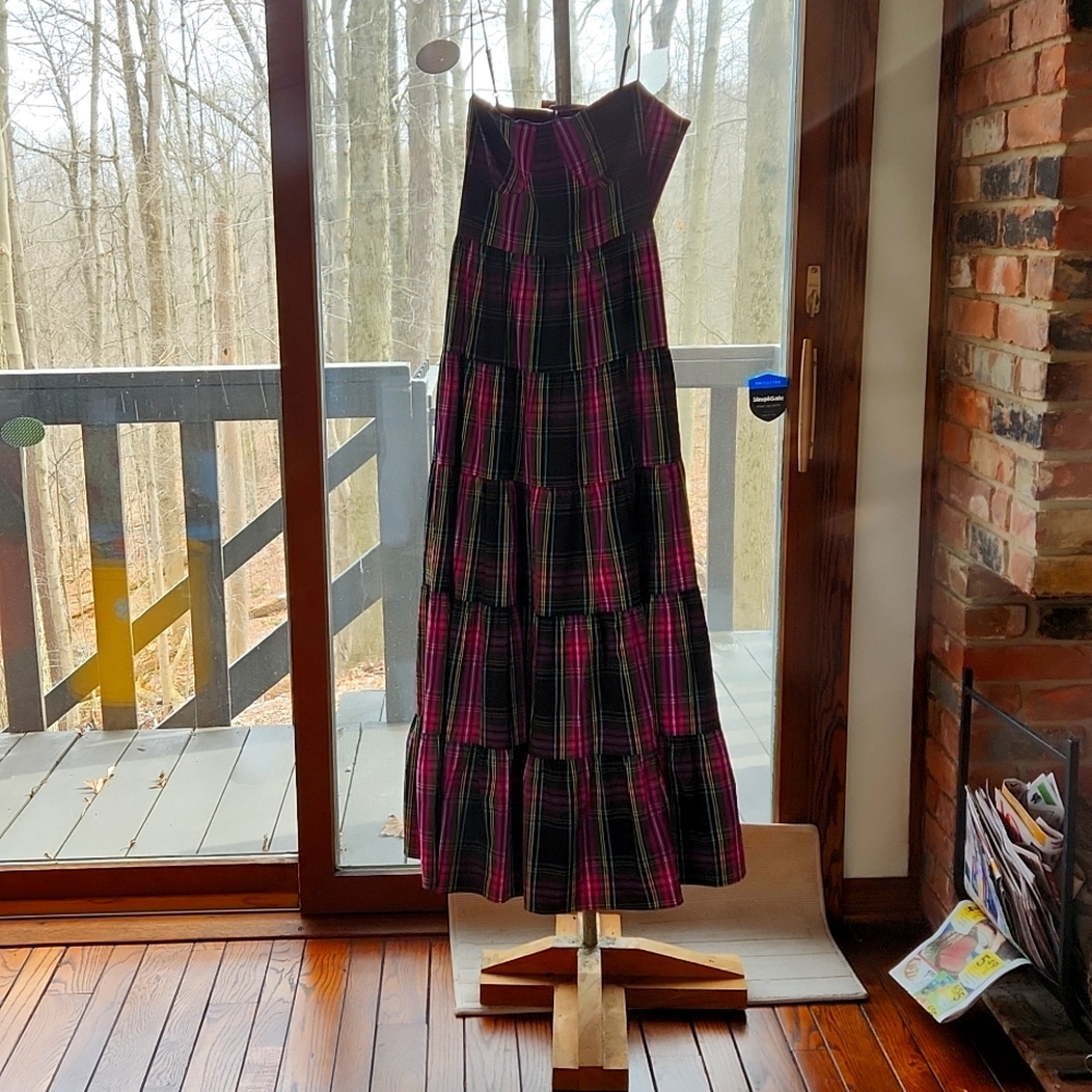 J. Crew Collection maxi halter dress in fuchsia, tartan plaid, empire bust